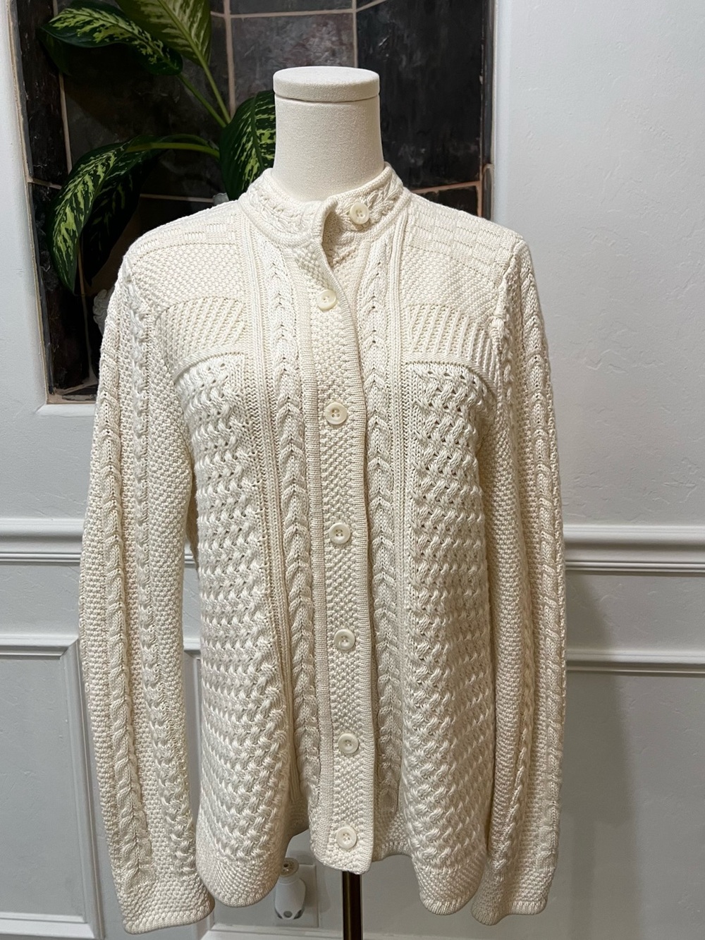L.L. Bean Cream Chunky Knit Cardigan Sweater Button Front Size Large